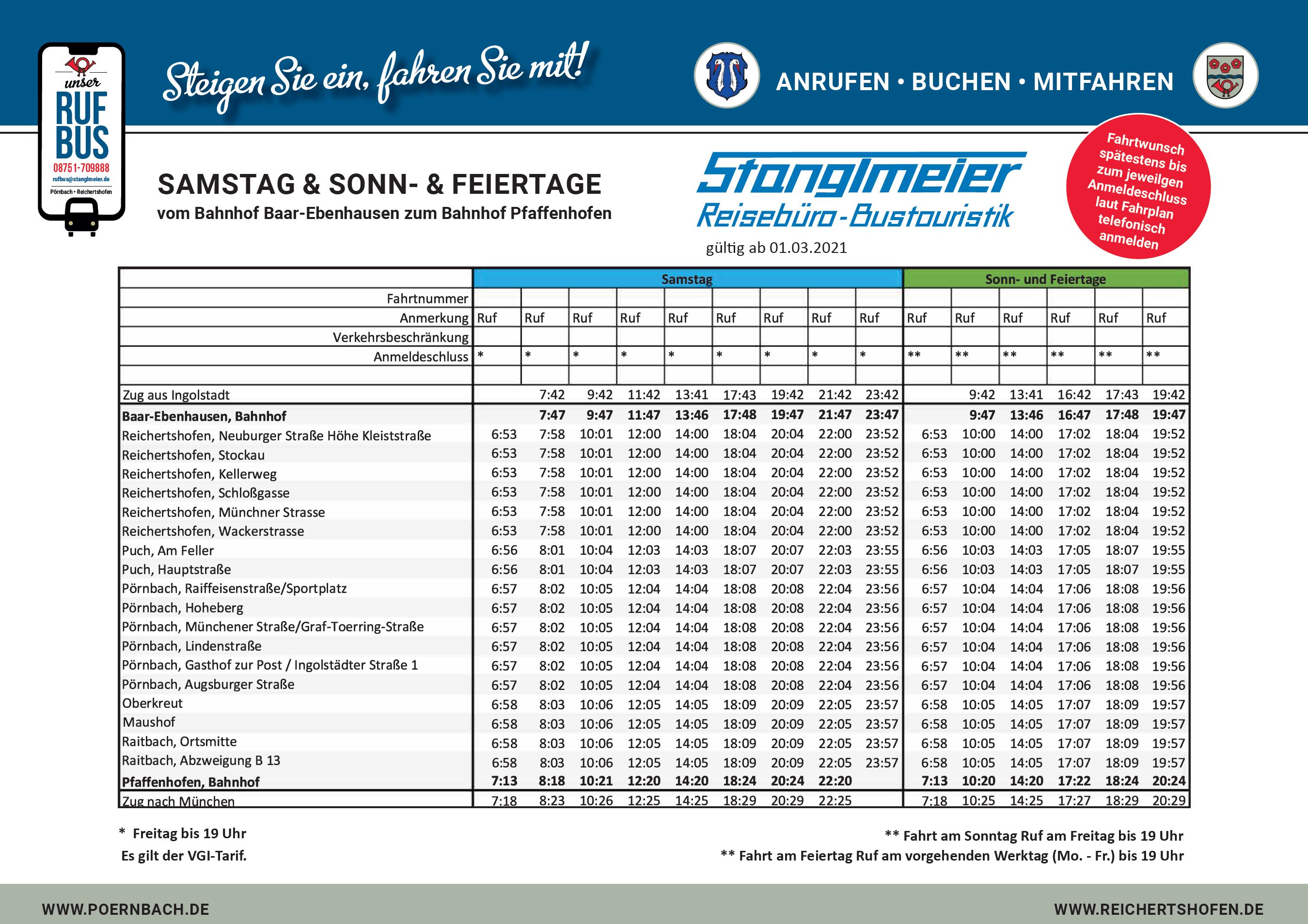 Rufbus Fahrplan Samstag Sonn- Feiertage Baar-Ebenhausen Pfaffenhofen